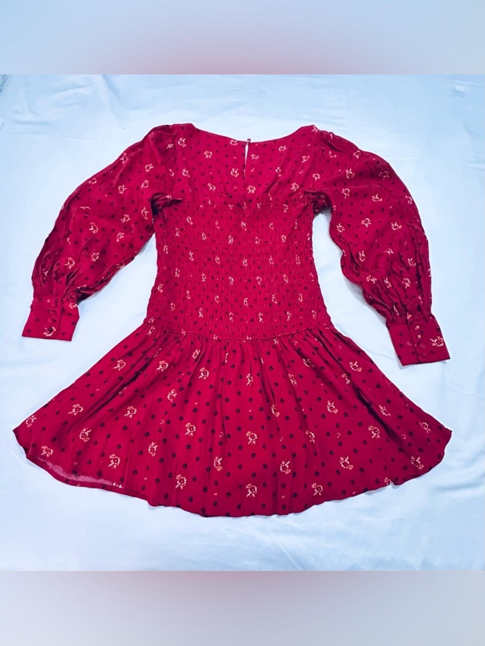 FREE PEOPLE TWO FACES RED PRINT SMOCKED MINI DRESS BOHO PUFF SLEEVE COQUETTE L - Picture 8 of 13